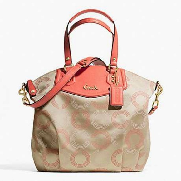 Coach Handbags - Coach Ashley Dotted Op Art Coral and Beige Tote Bag